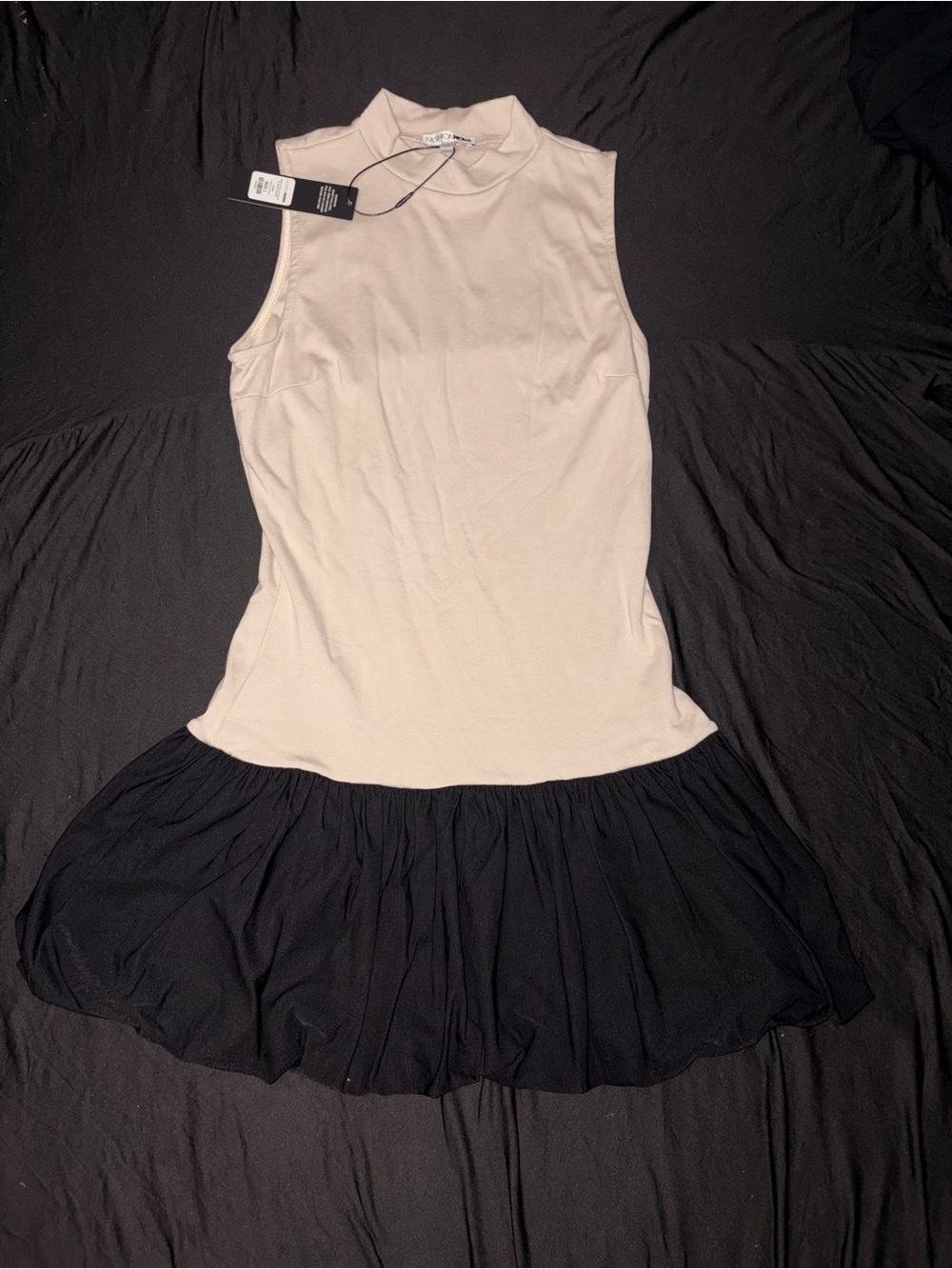 Fashion Nova Beige Mock Neck Mini Dress with Black Skirt